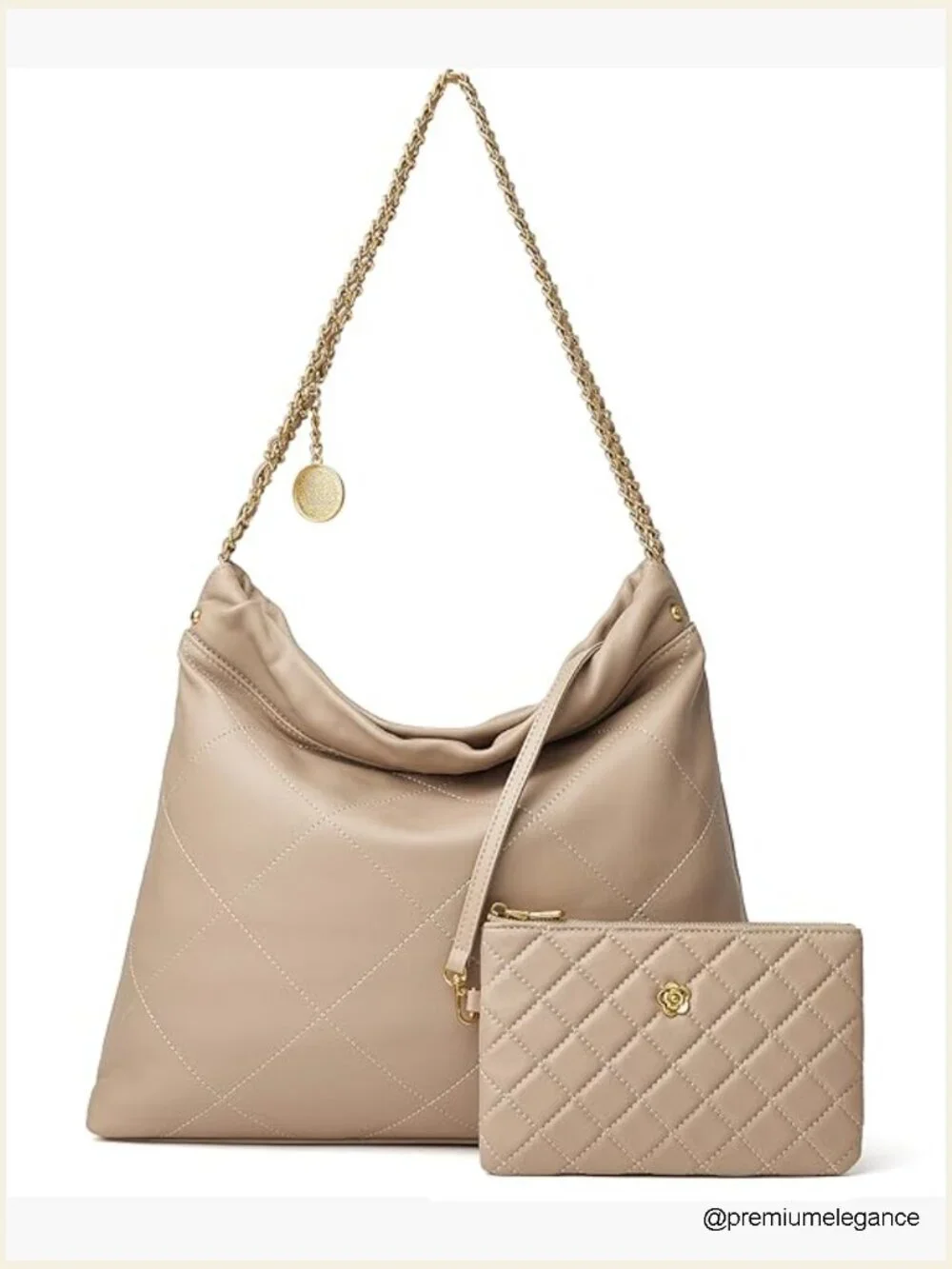 Quilted Leather Tote Bag Soft Lambskin Shoulder Hobo Chain Purse with Clutch